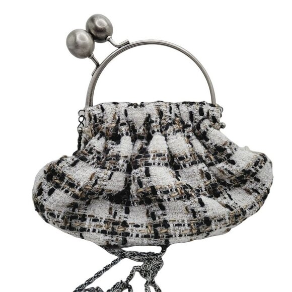 Vintage Jessica McClintock Tweed Handbag Purse Kiss Lock White Black Brown Small - Picture 6 of 11